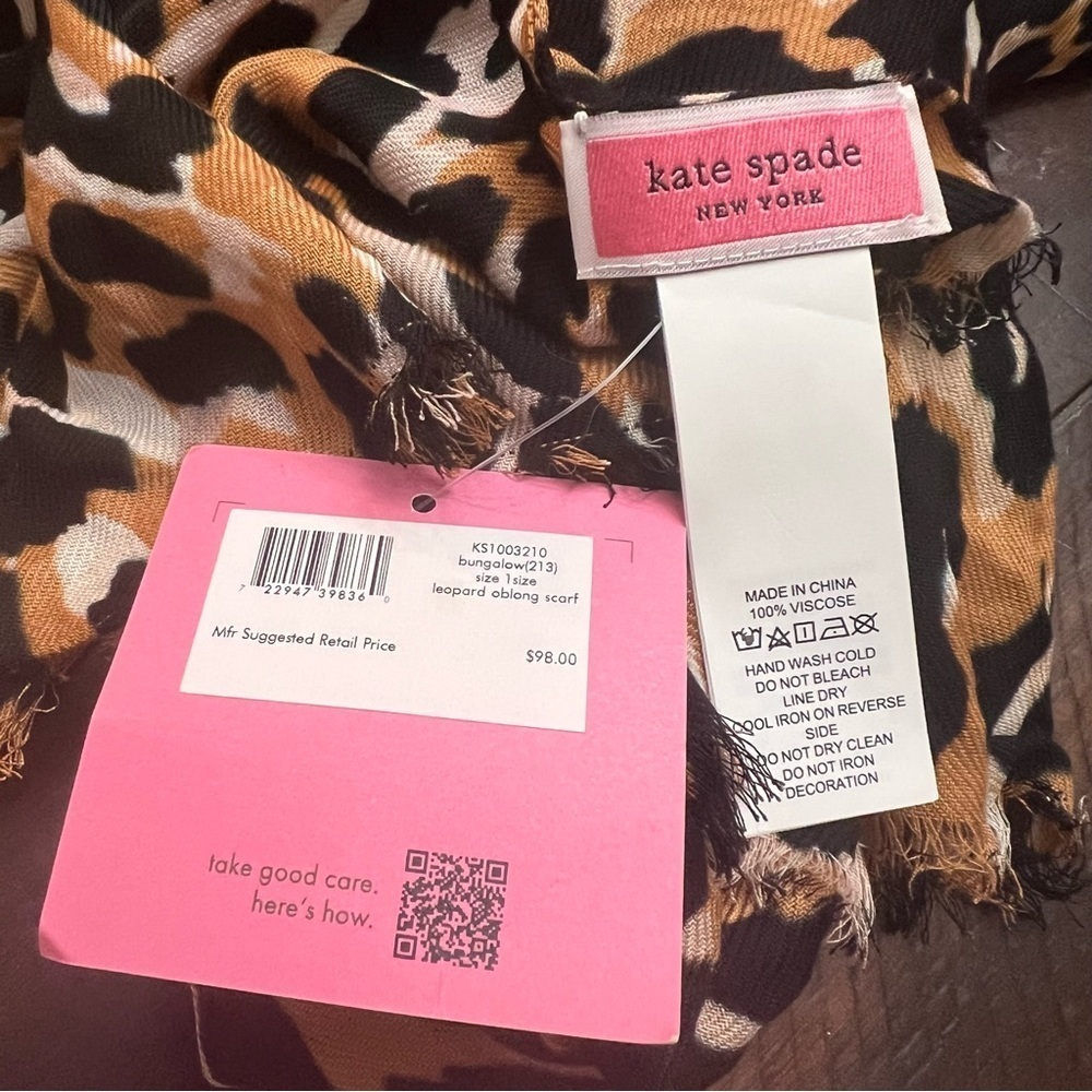 NEW KATE SPADE NY Scarf Logo Women Viscose Brown Leopard Animal Print Fringe 29” - Picture 7 of 7